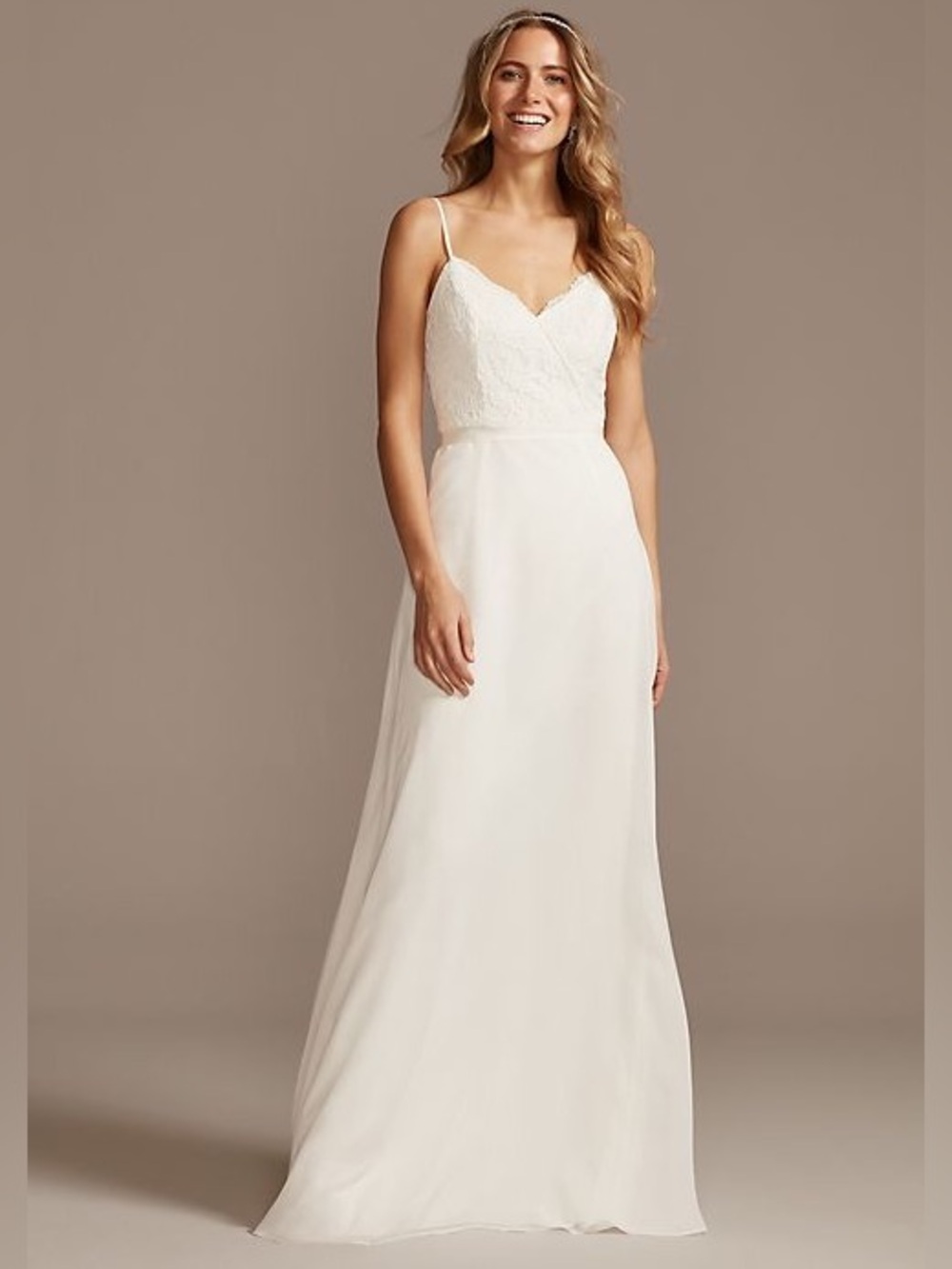 David’s Bridal White Lace Bodice Spaghetti Strap Bridal Gown